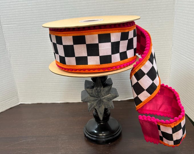 Fall - Halloween Ribbon, Wired Dupioni Ribbon, Large Black/White Check with Orange and Pink Pom Poms