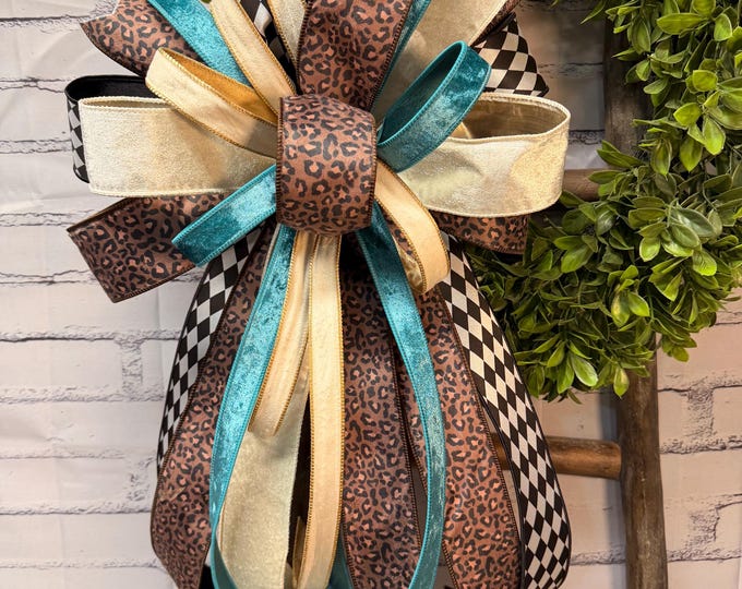 Fall - Brown cheetah print and Tan, black and white harlequin with a splash of teal Bow – with Autumn Decor, Designer Ribbon