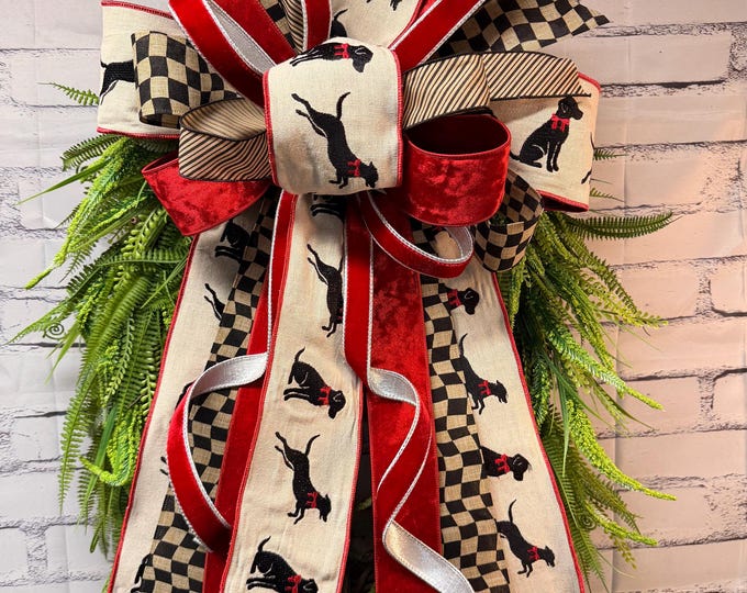 Black Labrador Bow with Red and black, natural checkered ribbon , Red Plaid Back, Natural Backing, Embroidery Designer Ribbon