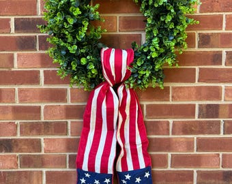 Patriotic Stars and Stripes Banner Sash, Red White Blue Wreath Decoration