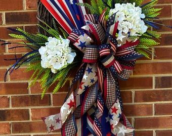 Americana Sash Wreath with Beaded Grass and coordinating florals