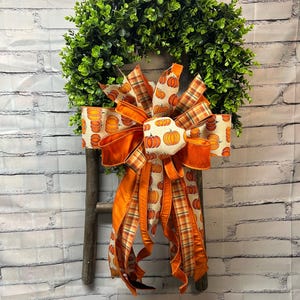 Puede incluir: Una corona circular hecha de follaje de boj verde denso, adornada con un gran lazo decorativo. El lazo presenta una cinta de color crema con un estampado de calabazas naranjas y una cinta a cuadros naranja y marrón a juego con largas colas.