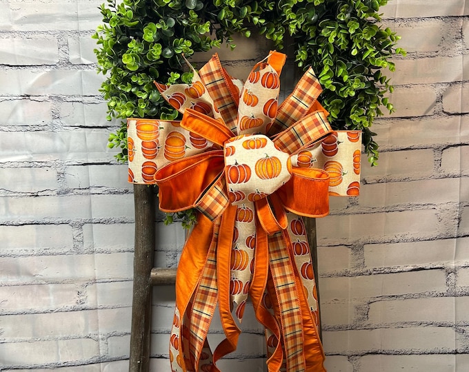Fall Orange Pumpkin Wreath Bow with Coordinating Ribbon – Autumn Decor, 4” Pumpkin Ribbon