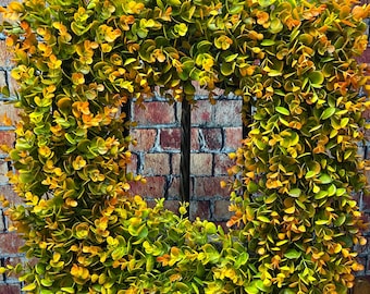 Fall Square Boxwood Wreath, Fall Color Greenery Front Door Decor, Square Faux Boxwood Wreath