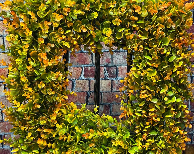 Fall Square Boxwood Wreath, Fall Color Greenery Front Door Decor, Square Faux Boxwood Wreath