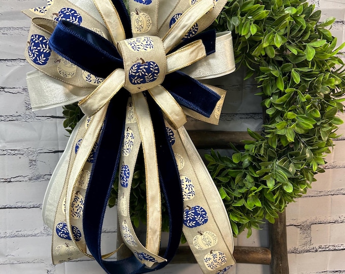 Fall Blue Pumpkin with Cream and Blue Velvet Wreath Bow – Autumn Decor, Designer Ribbon Bow