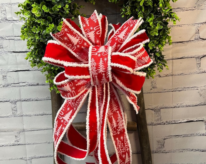 Christmas  Red with White Fluffy Trim Wreath Bow with  Red and White Tree Coordinating Ribbon – Holiday Decor, Designer Ribbon