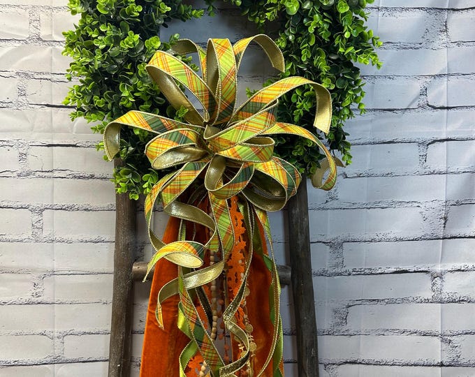 Fall Bow and Wreath Sash Combo ,  Home Decor, Personalization Available and D Steven Orange Velvet Sash
