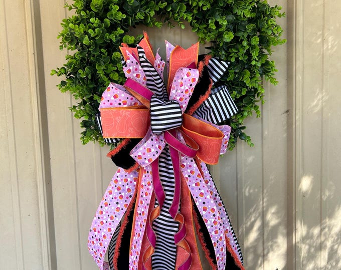 Fall Candy Corn and other Colors Wreath Bow with Coordinating Ribbon – Autumn Decor, Designer Ribbon, Pink and Orange Ribbon