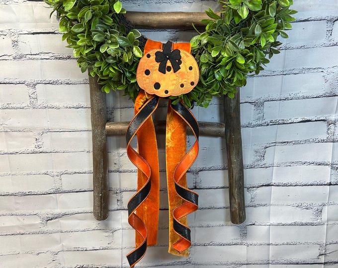 Fall - Halloween Wreath Sash,  D Steven Velvet Sash, Pumpkin Clip