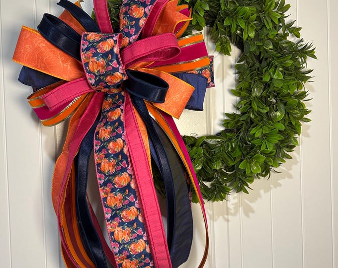 Fall Pink, Blue and other Colors Wreath Bow with Coordinating Ribbon – Autumn Decor, Designer Ribbon