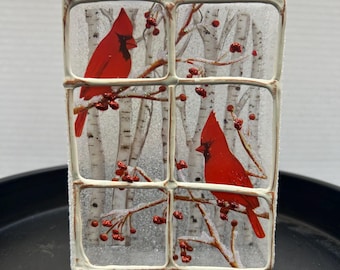 Cardinal, Windowpane, Red and White Tree Ornament