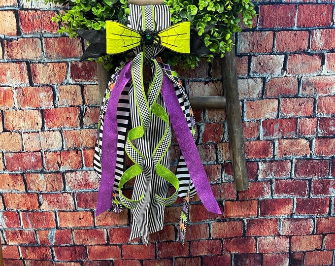 Halloween Wreath Sash 4"x56", With Ribbon Tails and a Felt Spider Clip