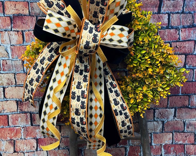 Halloween Black Cat Wreath Bow: Designer Orange, Black and White Ribbon Accent