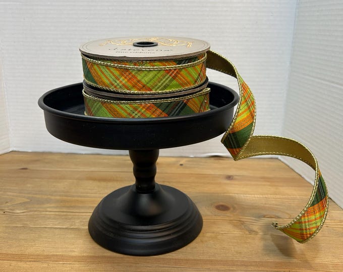 Fall Ribbon, Bias Cut Plaid, Olive, Gold and Orange 1" Ribbon