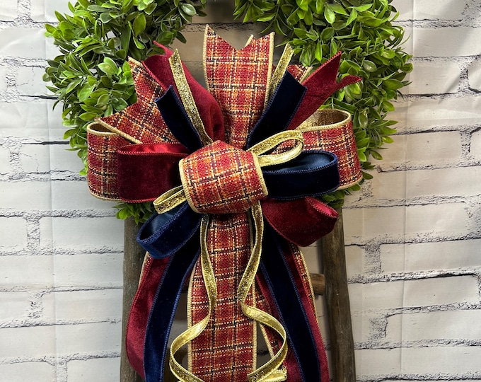 Christmas Burgundy and Navy Plaid Wreath Bow with other Coordinating Ribbon – Holiday Decor, Designer Ribbon, 4” Plaid Ribbon, Velvet Ribbon