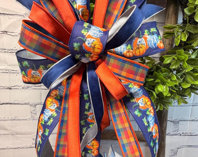 Fall Blue Pumpkin with Plaid and Velvet Wreath Bow with Orange and Blue Coordinating Ribbon – Autumn Decor
