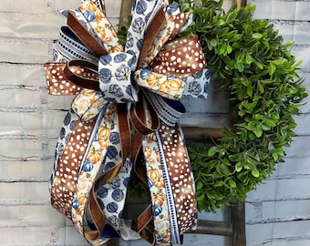 Fall - Brown and Blue Tone Bow – Autumn Decor, Designer Ribbon, Brown Velvet Ribbon,  Deer Print Ribbon
