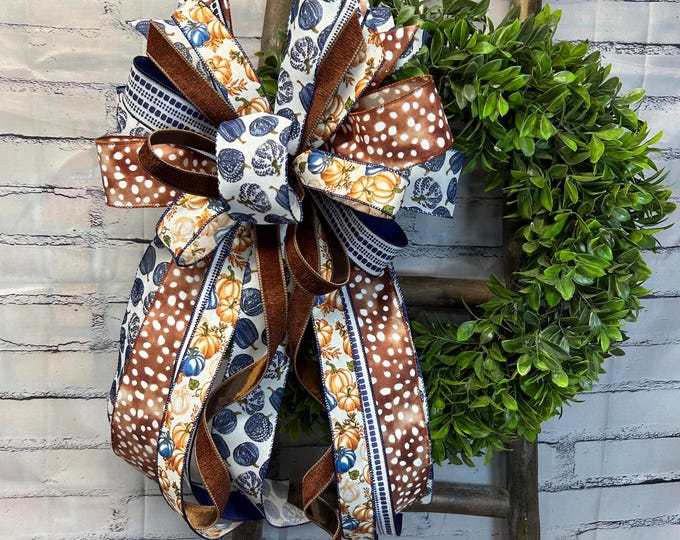 Fall - Brown and Blue Tone Bow – Autumn Decor, Designer Ribbon, Brown Velvet Ribbon,  Deer Print Ribbon