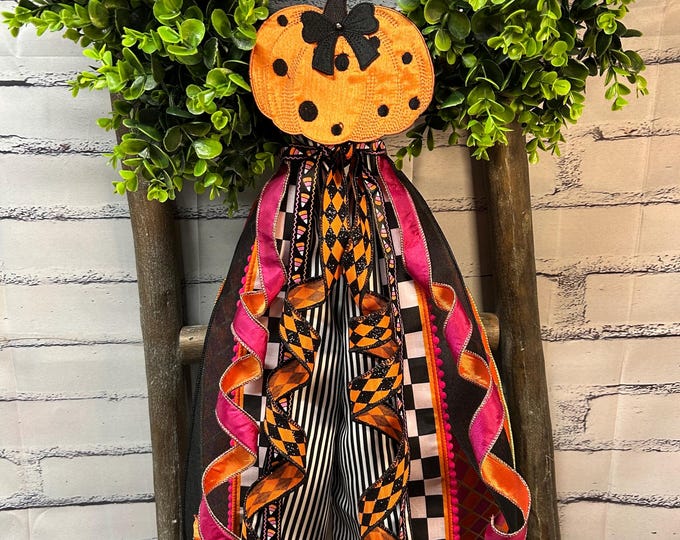 Fall Wreath Sash 4"x56", With Ribbon Tails and a Pumpkin Clip, Pink and Orange Sash