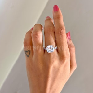 Cushion Cut Lab Diamond Engagement Ring: 14K Gold Solitaire