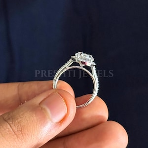 Oval Lab Grown Diamond Engagement Ring: 14K White Gold Halo Pave Band