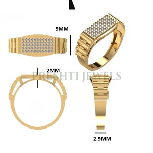 May include: A gold-colored ring with a rectangular top, studded with small, clear stones. The ring's band has a textured design. The top is 9mm wide, and the band is 2mm thick. The ring is 2.9mm thick at the base. The image also includes the text "PRESHTI JEWELS".