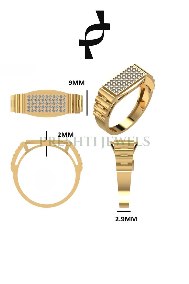 May include: A gold-colored ring with a rectangular top, studded with small, clear stones. The ring's band has a textured design. The top is 9mm wide, and the band is 2mm thick. The ring is 2.9mm thick at the base. The image also includes the text "PRESHTI JEWELS".