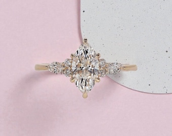 Marquise Engagement, IGI Certified, Lab Grown Diamond Ring: 14K Gold Vintage Cluster, Proposal, Wedding