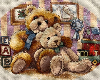 Teddy Bear kid's Bedroom Nursery Finished Completed Counted Cross Stitch Handmade Embroidery Needlework Wall Art Decor 7"x5"