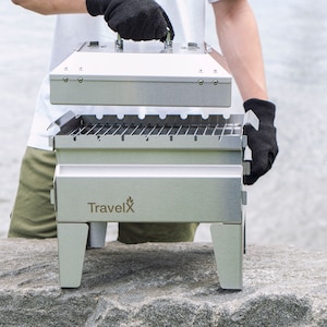 Collapsible Charcoal Grill with Lid, Sleek BBQ Camping Stove. Foldable Grill, Stainless Steel Tabletop Grill, Outdoor Cooking TravelX S01