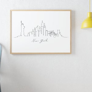 Printable New York City Cityscape, Skyline Print, Modern Line Art Wall Decor, New York Poster, Doodle Draw, Minimalist One Line Drawing.