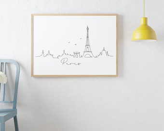 Parijs skyline print, zwart-witte kunst, fijne lijn print, stad print, digitale download, moderne home decor afdrukbare muur kunst, minimale print