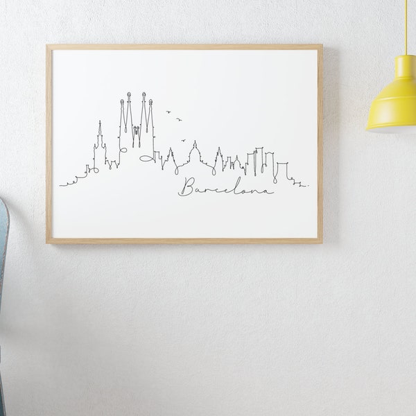 Barcelona Skyline Print, Black and White Art, Fine Line Print City Print Digital Download Modern Home Decor Printable Wall Art Minimal Print