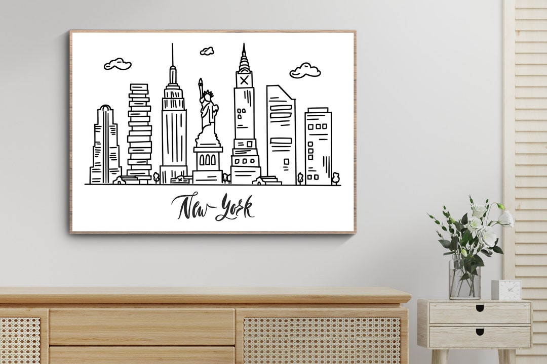 Printable New York City Cityscape, Minimalist One Line Drawing Skyline ...