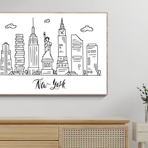 Printable New York City Cityscape, Minimalist One Line Drawing Skyline Print, New York Poster, Modern Line Art Wall Decor, Doodle Draw