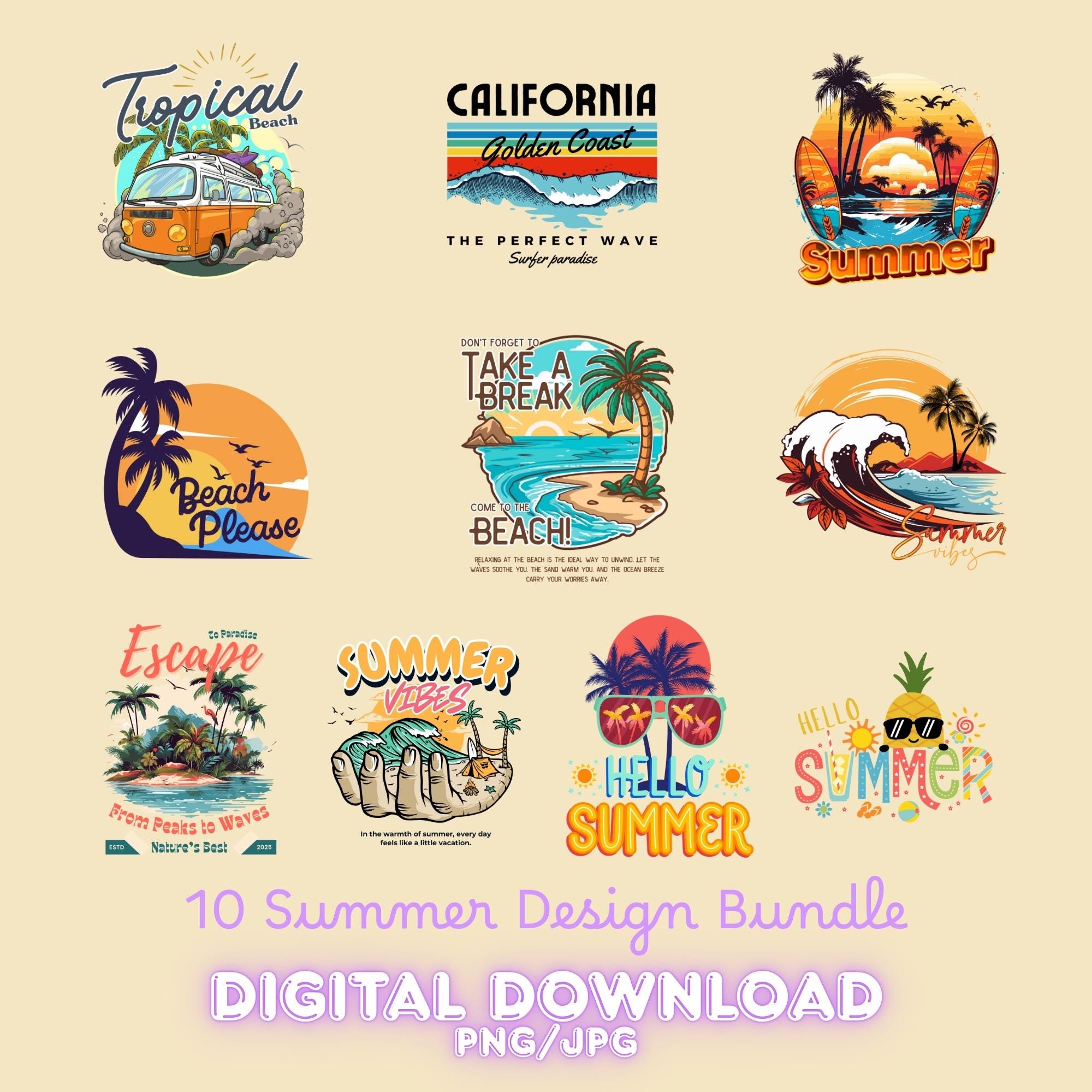 Retro Summer Vibes Design Bundle PNG, Beach Life PNG, JPG, T-shirt Designs, Mug tote bag Designs, Vacation Sublimation Designs, Surf Vibes