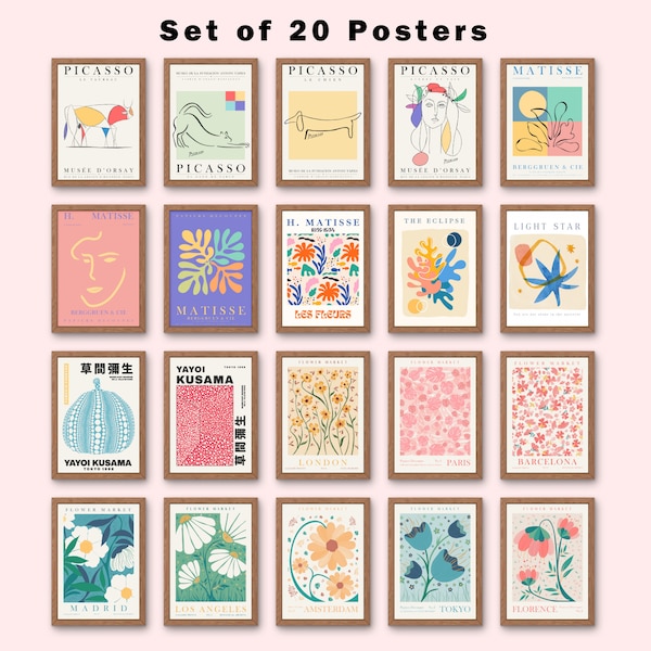 Gallery Collection Trendy Art Prints 20 Printable Posters Exhibition Wall Art Home Decor Floral & Retro Posters Set Instant Digital Download