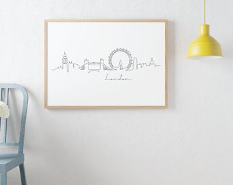 London Skyline Print, Zwart-witte Kunst, Fine Line Print, City Print, Digitale Download, Modern Decor, Afdrukbare Muurkunst, Minimale Print