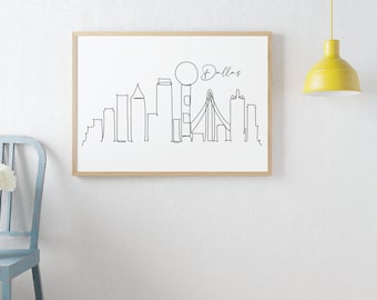 Dallas City Skyline Wall Art Print Minimalistische zwart-witte lijntekeningen Tekening afdrukbare muurkunst Instant Digitale Download Texas Travel Decor