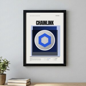 Könnte beinhalten: Ein gerahmtes Poster mit dem Wort "CHAINLINK" in fetten, schwarzen Buchstaben. Das Poster zeigt ein blaues und weißes Sechsecksymbol in einem blau-grauen geometrischen Design. Der Rahmen ist schwarz.