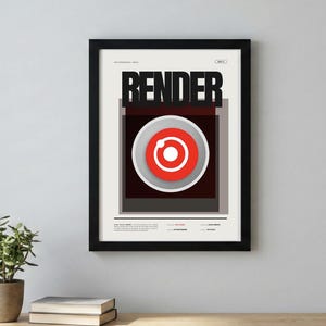 Könnte beinhalten: Gerahmter Kunstdruck mit dem Wort "RENDER" in Schwarz über einem roten und weißen kreisförmigen Grafikdesign. Das Design befindet sich vor einem neutralen Hintergrund in einem schwarzen Rahmen, ideal für die Inneneinrichtung.