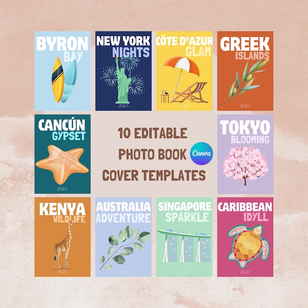 Bearbeitbares Digital Designer Travel Photobook Cover - für DIY Coffee Table Book Template // Digital Download - Bundle von 10 - weitere kommen