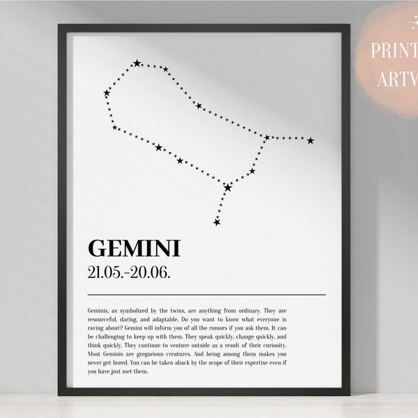 GEMINI - Zodiac Collection - Birthday Present, Black White Font with Gemini Characteristics, Astrological Wall Art, Horoscope