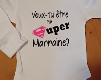 Personalized unisex baby bodysuit "Will you be my Super Godmother?" possibility of choosing the color of the S of super