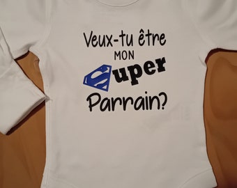 Personalized unisex baby bodysuit "Will you be my Super Godfather?" possibility of choosing the color of the S of super