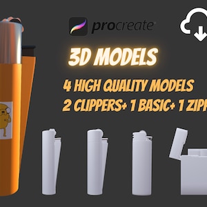 May include: Four 3D models of lighters, including two clipper lighters, one basic lighter, and one zippo lighter. The models are white and are shown against a dark gray background. The text "procreate" and "3D MODELS" are visible in the image.