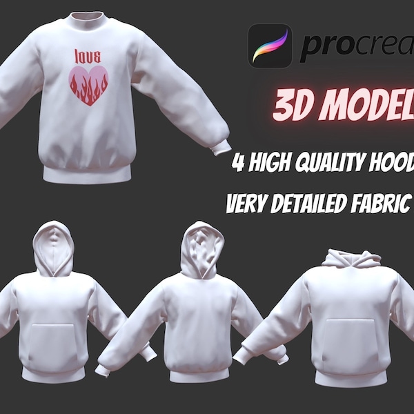 Procreate 3D model | 4 3D hoodies mockup | Procreate 3D model clothing | Yeezy hoodie mockup | 3D sweatshirt models bundle | 3D jumper model