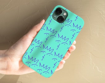Arte minimalista de línea fina dibujando caras curiosas garabatos modernos y simples en turquesa, funda de teléfono delgada y brillante