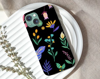 Hermosas plantas de fantasía, flores silvestres ilustradas en negro, funda delgada y brillante para teléfono